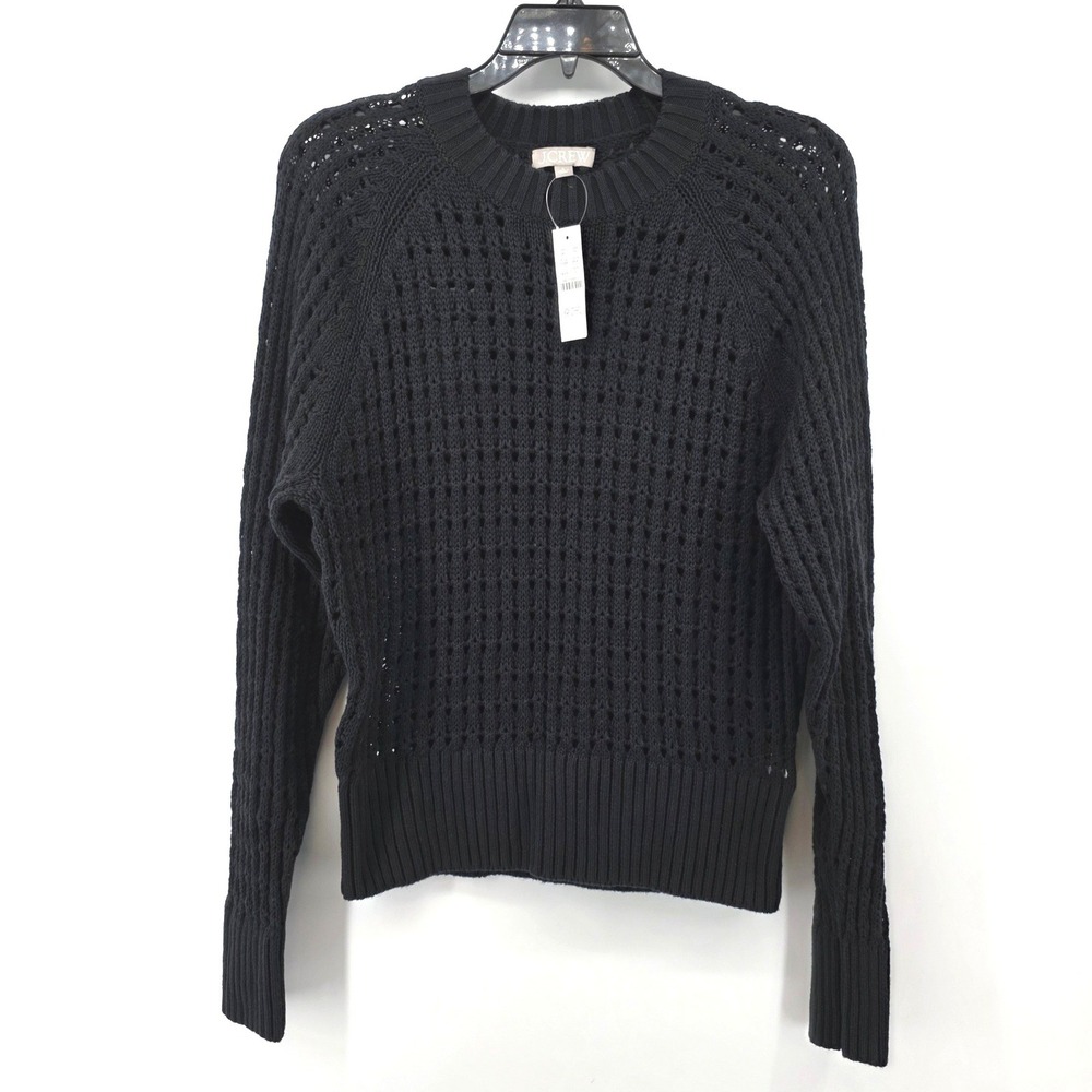 J.Crew Black Pointelle Open Texture and Cotton Knit Sweater Crew Neck Pullover L
